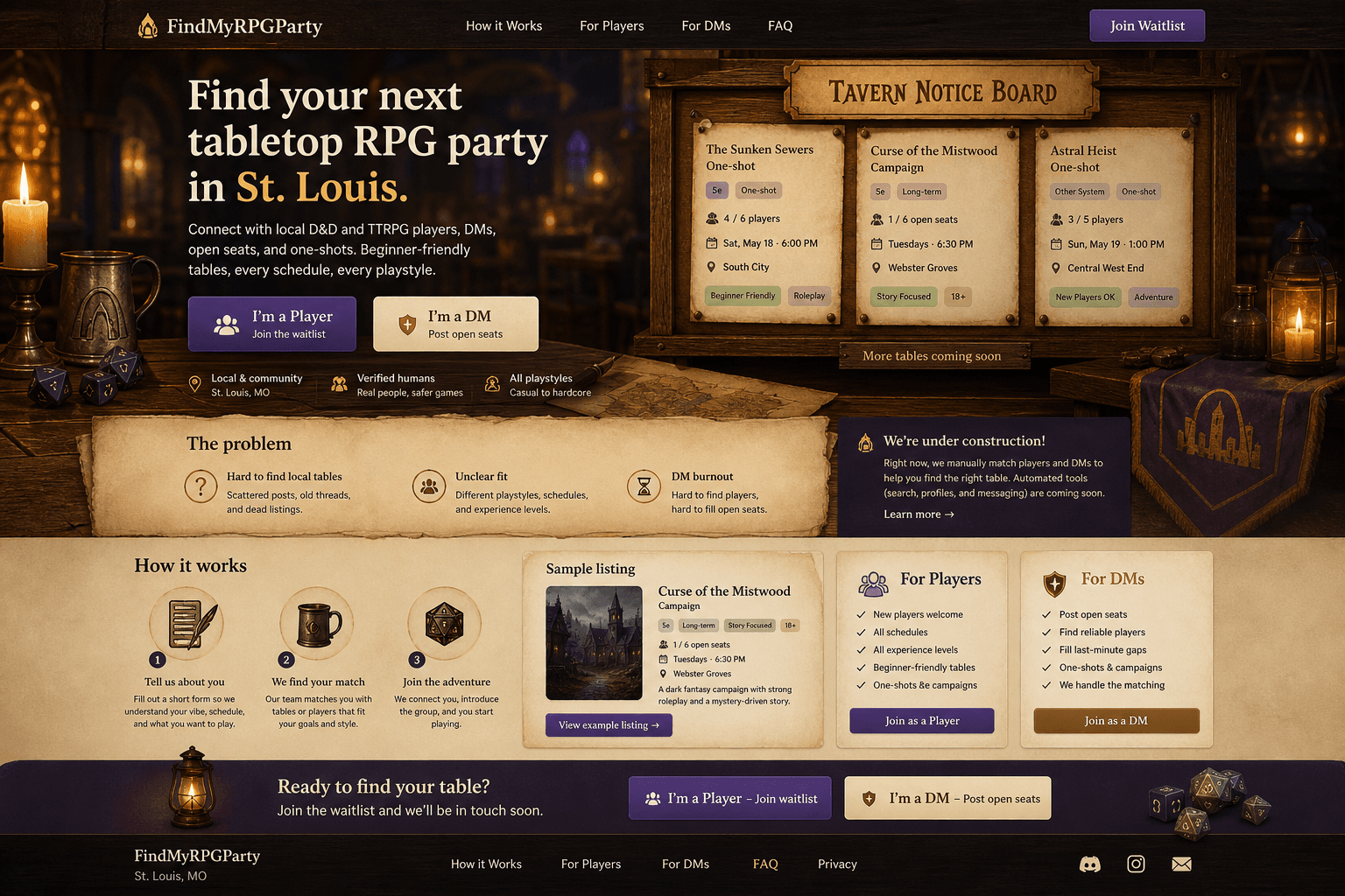 Fantasy tavern notice board concept showing local tabletop RPG listings